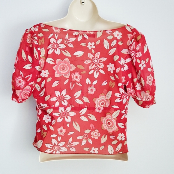 Hale Bob Sheer Red Cowl Top Floral Vintage - Picture 2 of 8